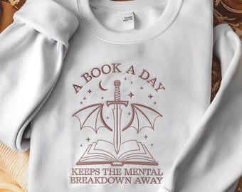 Bluza z haftem „Smok, książka dziennie”, chroni przed załamaniem psychicznym, prezent dla miłośnika fantasy, koszulka z motywem smoka, sweter do czytania