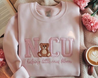 Sudadera con oso bordado de la UCIN, suéter de enfermera de la UCI neonatal, camiseta de enfermera de la UCIN, bonito regalo de enfermera, sudadera de enfermera de tela azul
