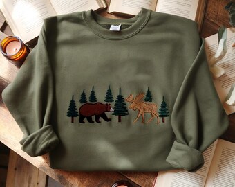 Embroidered Nature Sweatshirt, Bear Embroidered Shirt, Moose Embroidered Shirt, Cottagecore Shirt, Bear and Moose Sweatshirt, Nature Shirt