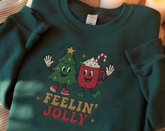 Sudadera bordada "Feeling Jolly", sudadera navideña vintage, sudadera festiva, sudadera de invierno, sudadera navideña divertida y adorable