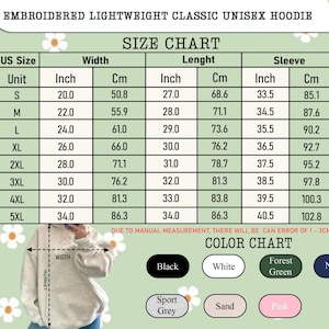 Może przedstawiać: Tabela rozmiar&oacute;w haftowanej, lekkiej, klasycznej bluzy z kapturem unisex. Zawiera wymiary w calach i centymetrach dla szerokości, długości i długości rękawa, od rozmiaru S do 5XL. Opcje kolor&oacute;w: czarny, biały, leśny zielony, granatowy, sportowy szary, piaskowy i r&oacute;żowy.