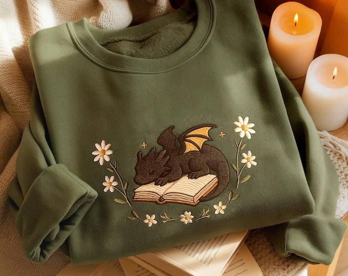 Dragon Book Embroidered Sweatshirt, Fantasy Book Reader Sweatshirt, Cottagecore Sweater, Book Addicted Shirt, Dragon Shirt, Bookworm Shirt
