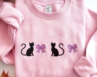 Embroidered Halloween Black Cat Sweatshirt, Coquette Halloween Black Cat Icon Sweater, Cute Autumn Spooky Season Shirt, Black Cat Sweatshirt