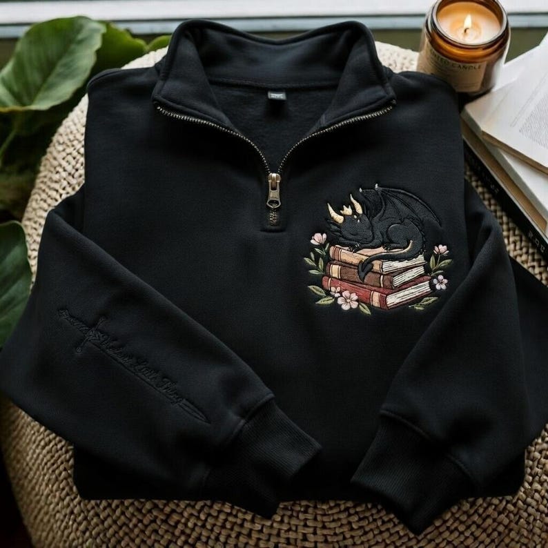 Dragon Book Embroidered Quarter Zip Sweatshirt, Throne of Glass Sweatshirt, To Whatever End Sweatshirt, Book Lovers Shirt, Dragon Crewneck Black