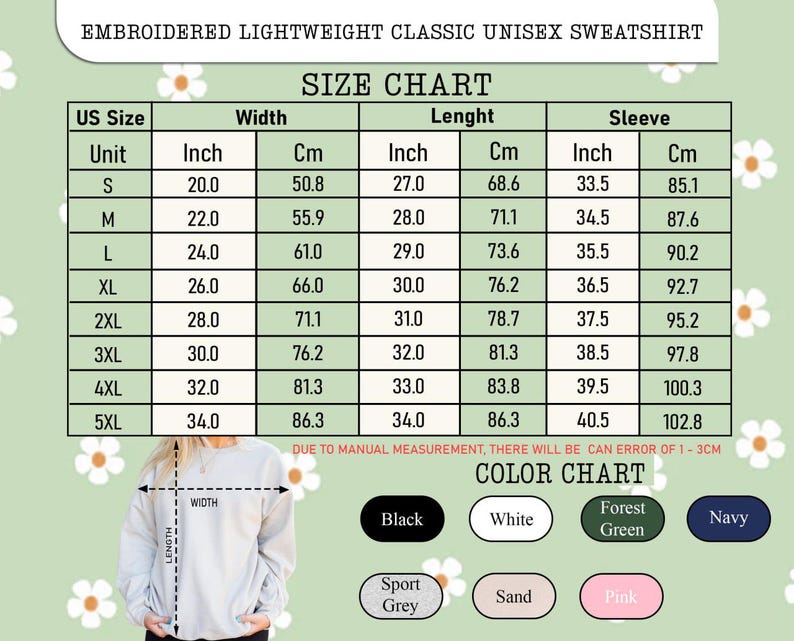 Puede incluir: Una tabla de tallas para una sudadera unisex cl&aacute;sica ligera bordada. La tabla incluye medidas en pulgadas y cent&iacute;metros para el ancho, largo y largo de manga, desde la talla S hasta la 5XL. Las opciones de color incluyen negro, blanco, verde bosque, azul marino, gris deportivo, arena y rosa.