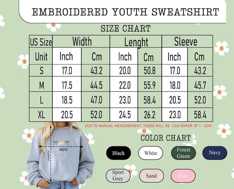 Puede incluir: Sudadera bordada gris claro para j&oacute;venes con una tabla de tallas y una carta de colores. La tabla de tallas muestra las medidas en pulgadas y cent&iacute;metros. Los colores disponibles son negro, blanco, verde bosque, azul marino, gris deportivo, arena y rosa.