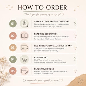 May include: An instructional graphic titled HOW TO ORDER with five numbered steps. Each step features a dark icon and text explaining the process: check size, read description, fill in personalization, add to cart, and place your order.