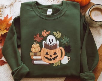 Broderad spökbokströja, läskig höstsäsongs-tröja, boklig Halloween-tröja, Halloween-lärartröja, boklig bibliotekarietröja