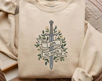 Sudadera bordada "No soy ningún hombre", sudadera para amantes de los libros de fantasía, regalo para lectores, camiseta de dragón literario, camiseta de lector de fantasía, camiseta del mundo mágico.