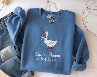 Besticktes Auntie Silly Goose Sweatshirt, Cooler Aunts Club Crewneck, Lustiges Wein Liebhaber Geschenk für Tante, Tante Goose auf dem Lockeren Sweatshirt