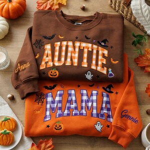 Personalized Applique Grandma Mama Nini Gigi Sweatshirt with Name on sleeve, Custom Halloween Patchwork Crewneck, Mama Pumpkin Fall Sweater