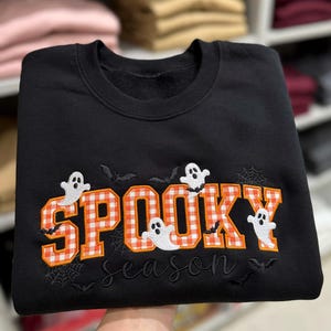 Spooky Season Applique Embroidered Sweatshirt, Halloween Patchwork Sweater, Ghost and Bats Sweatshirt, Halloween Crewneck, Halloween Gifts