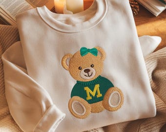 Custom Coquette Bow College teddybeer geborduurd sweatshirt, University of State-shirt, trendy Game Day-outfit, Custom University-trui