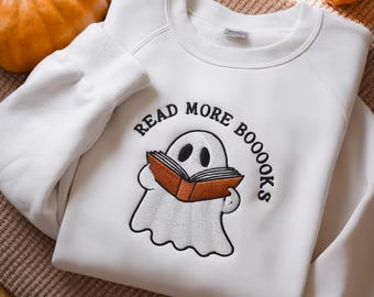 Broderad spökbokströja, läskig höstsäsongs-tröja, söt spöktröja, Halloween-gåva för lärare, bokälskare och bibliotekarie, lässpöke