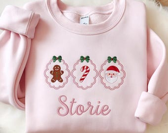 Personalized Embroidered Candy Cane Bow Christmas Sweatshirt, Coquette Bow Christmas Sweater, Candy Canes Sweatshirt, Christmas Crewneck