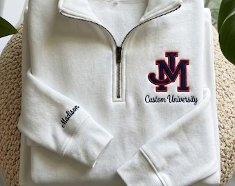 Personalized College University Logo Embroidered Quarter Zip Sweatshirt, Custom University Crewneck, College Sweatshirt, Graduation Gifts