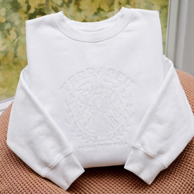 Terrasen Tone on Tone Embroidered Sweatshirt, TOG Sweatshirt, Fireheart Shirt, Fantasy Reader Gift, Throne of Glass Shirt, Book Lovers Shirt White
