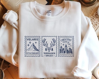 ACOTAR Book Postcard Embroidered Sweatshirt, Velaris Sweatshirt, Terrasen Shirt, Crescent City Shirt, ACOTAR Merch, Court of Thorns Sweater