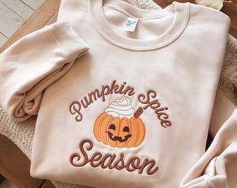 Pumpkin Spice Season Embroidered Sweatshirt, Cozy Fall Sweatshirt, Coffee Lover Sweatshirt, Cozy Autumn Sweater, Halloween Aesthetic Sweater