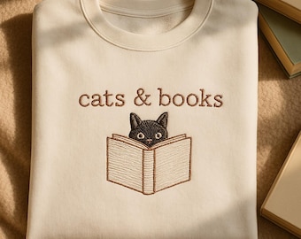 Embroidered Cats and Books Sweatshirt, Book Lover Shirt, Bookish Shirt, Reading Shirt, Gift for Cat Lover, Bookish Cat Shirt,Librarian Shirt
