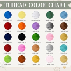 May include: A thread color chart featuring twenty-five circular swatches of various colored threads arranged in a five-by-five grid. Each swatch is labeled with a specific alphanumeric code, such as D30111, D3T541, and D80034, below the circle.