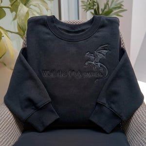 Pode incluir: Camisola azul marinho escuro com design de dragão bordado e a frase "Well the f*ck aware." O dragão é detalhado com asas e uma longa cauda. A camisola está dobrada numa cadeira.