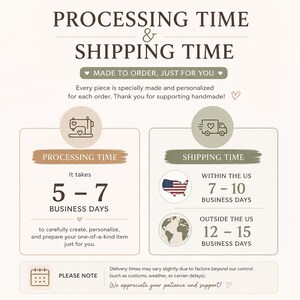 May include: An informational graphic titled PROCESSING TIME & SHIPPING TIME. It outlines a 5-7 business day processing period, followed by 7-10 business days for shipping within the US and 12-15 business days for international shipping, with icons.