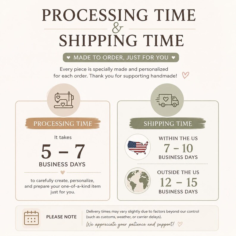 May include: An informational graphic titled PROCESSING TIME & SHIPPING TIME. It outlines a 5-7 business day processing period, followed by 7-10 business days for shipping within the US and 12-15 business days for international shipping, with icons.