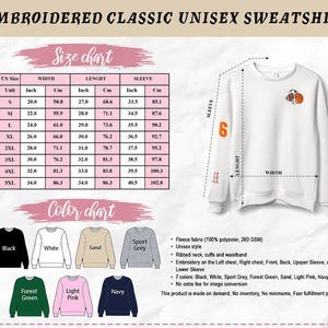 May include: White unisex sweatshirt with an embroidered design of a football and basketball. The sweatshirt has a ribbed neck, cuffs, and waistband. The size chart shows measurements in inches and centimeters. Available in multiple colors.