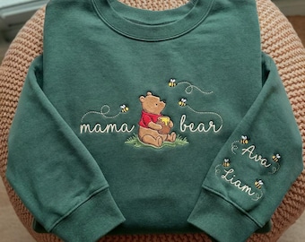 Mama Bear Embroidered Sweatshirt With Kids Name On Sleeve, Mothers Day Gifts, Personalized Mama Pooh Bear Sweatshirt, Unique Mom Sweatshirt
