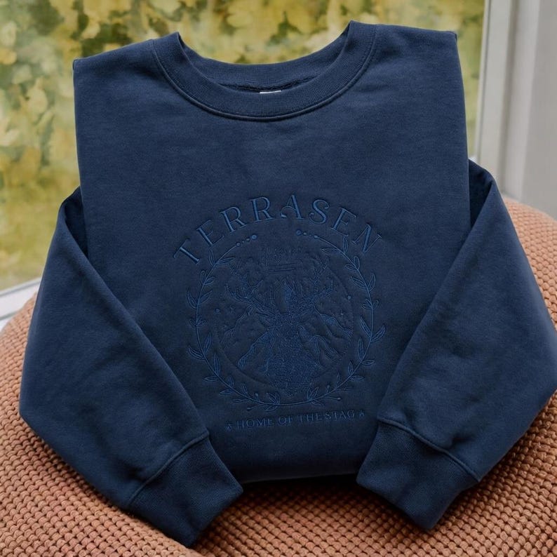Terrasen Tone on Tone Embroidered Sweatshirt, TOG Sweatshirt, Fireheart Shirt, Fantasy Reader Gift, Throne of Glass Shirt, Book Lovers Shirt Navy