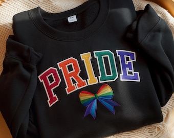 Geborduurd Pride Coquette Bow Ribbon-sweater, geborduurd Rainbow Pride-shirt, Pride-shirt, Trans Ally-shirt, regenboogshirt, homoshirt