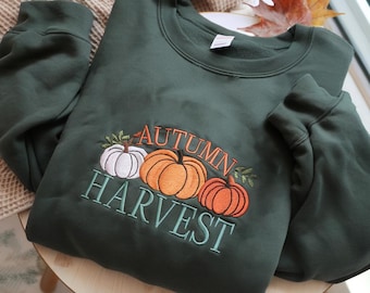 Cozy Autumn Harvest Halloween Embroidered Sweatshirt, Cozy Fall Embroidered Sweatshirt, Halloween Embroidered Sweatshirt, Pumpkin Sweatshirt