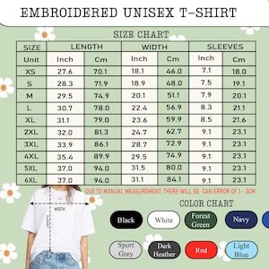 May include: A white embroidered unisex t-shirt with a size chart showing measurements in inches and centimeters. The color chart includes black, white, forest green, navy, and royal blue. The shirt's length is up to 37 inches (94 cm).