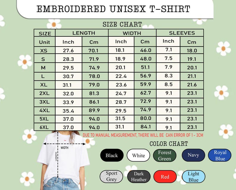 May include: A white embroidered unisex t-shirt with a size chart showing measurements in inches and centimeters. The color chart includes black, white, forest green, navy, and royal blue. The shirt's length is up to 37 inches (94 cm).