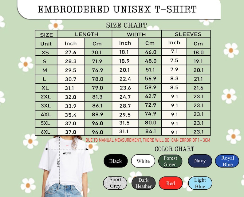 Puede incluir: Tabla de tallas de camiseta unisex bordada blanca, con medidas en pulgadas y cent&iacute;metros. La tabla incluye tallas XS a 6XL, con una longitud que va de 70,1 a 94,0 cm (27,6 a 37,0 pulgadas). Opciones de color listadas.