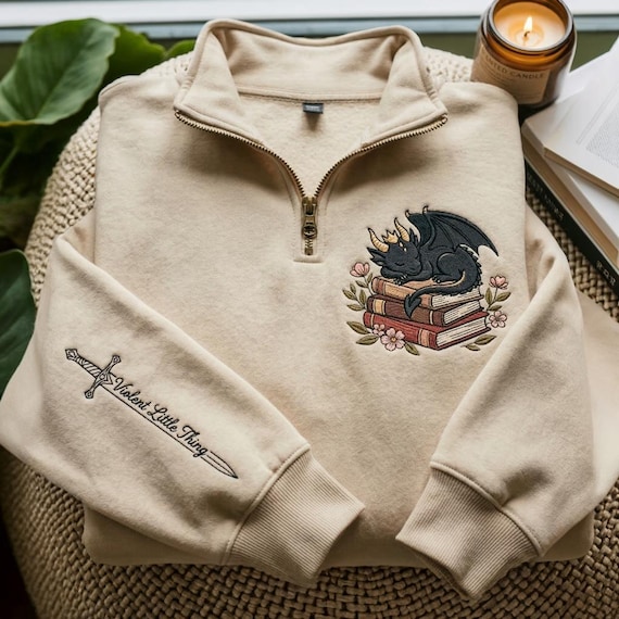 Dragon Book Embroidered Quarter Zip Sweatshirt, Throne of Glass Sweatshirt, To Whatever End Sweatshirt, Book Lovers Shirt, Dragon Crewneck