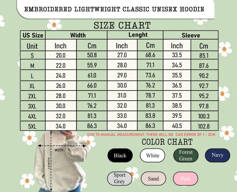 Puede incluir: Tabla de tallas para una sudadera con capucha unisex cl&aacute;sica ligera bordada. La tabla incluye medidas en pulgadas y cent&iacute;metros para el ancho, largo y largo de manga, desde la talla S hasta la 5XL. Colores: negro, blanco, verde bosque y azul marino.