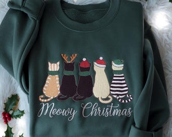 Sweat brodé Noël miaou, chemise chat de Noël, joyeux Noël, chemise pour amoureux des chats, cadeau de Noël, cadeaux de Noël pour amoureux des chats