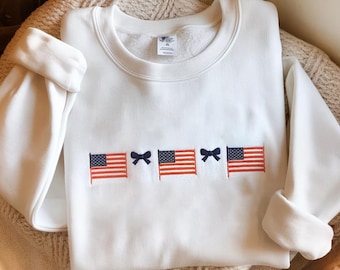 Tröja med broderad amerikansk flagga och fin rosett, amerikansk skjorta, 4 juli-skjorta, kokett patriotisk skjorta, amerikansk patriotisk skjorta