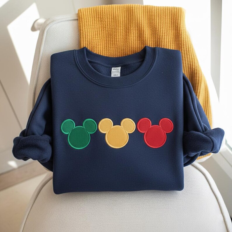 Puede incluir: Sudadera azul marino con tres dise&ntilde;os de cabeza de Mickey Mouse en verde, amarillo y rojo. La sudadera est&aacute; doblada sobre una silla con una manta amarilla en el fondo. El dise&ntilde;o es bordado.