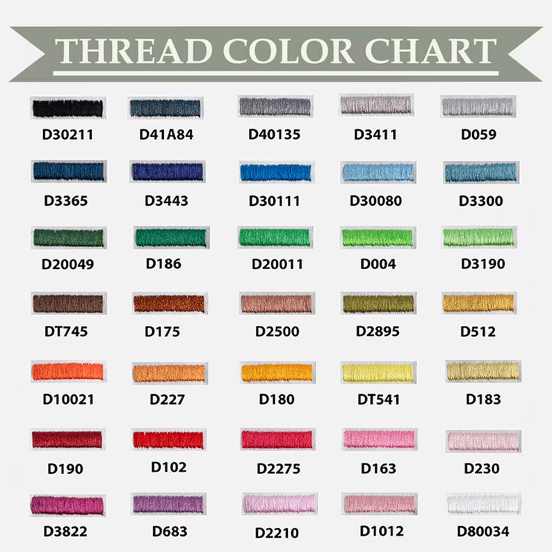 Puede incluir: Una carta de colores de hilo con una variedad de colores, cada uno etiquetado con un c&oacute;digo &uacute;nico. La carta incluye tonos de azul, verde, marr&oacute;n, naranja, rojo, rosa y amarillo. El texto "THREAD COLOR CHART" est&aacute; en la parte superior.