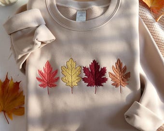 Embroidered Fall Leaves Sweatshirt, Cozy Autumn Embroidered Sweatshirt, Thanksgiving Shirt, Preppy Spooky Season Shirt, Halloween Sweatshirt