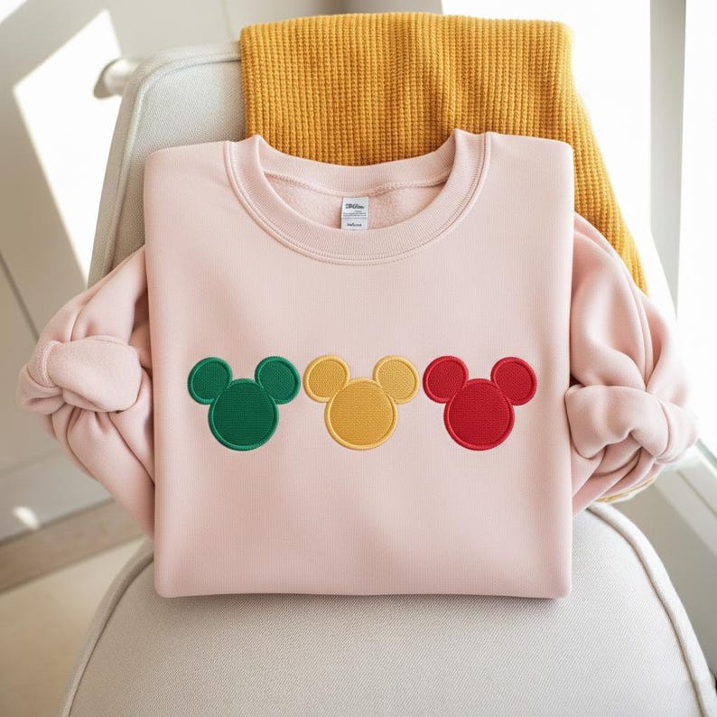 Puede incluir: Sudadera rosa claro con tres cabezas de Mickey Mouse bordadas en verde, amarillo y rojo. La sudadera est&aacute; doblada sobre una silla, con una manta amarilla en el fondo. Es de cuello redondo.
