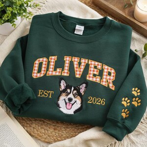 Sweatshirt met geborduurd huisdierportret en applicaties, gepersonaliseerde trui met huisdierfoto, herdenkingscadeau, patchworktrui met huisdierprint, cadeaus voor dierenliefhebbers