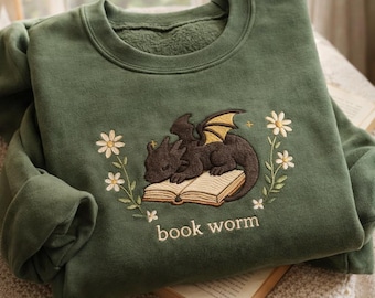 Sudadera con dragón bordado, sudadera con ratón de biblioteca, sudadera con lector sin libro, suéter para amantes de los libros, suéter con el cuarto ala, sudadera para amantes de los libros