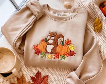 Squirrel with Pumpkins and Fall Flowers Embroidered Sweatshirt, Cute Fall Sweatshirt, Cozy Autumn Sweatshirt, Autumn Leaves and Animal Shirt