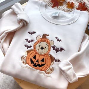 Pooh Bear Pumpkin Halloween Embroidered Sweatshirt, Pumpkin Patch Disney Crewneck, Fall Disney Embroidered Sweatshirt, Spooky Season Sweater