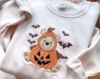 Pooh Bear Pumpkin Halloween Embroidered Sweatshirt, Pumpkin Patch Disney Crewneck, Fall Disney Embroidered Sweatshirt, Spooky Season Sweater