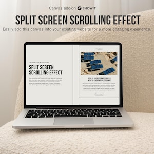 May include: A laptop displaying a website design with the text "SPLIT SCREEN SCROLLING EFFECT." The screen shows a split-screen layout with text and an image of solar panels. The laptop is on a beige textured surface.